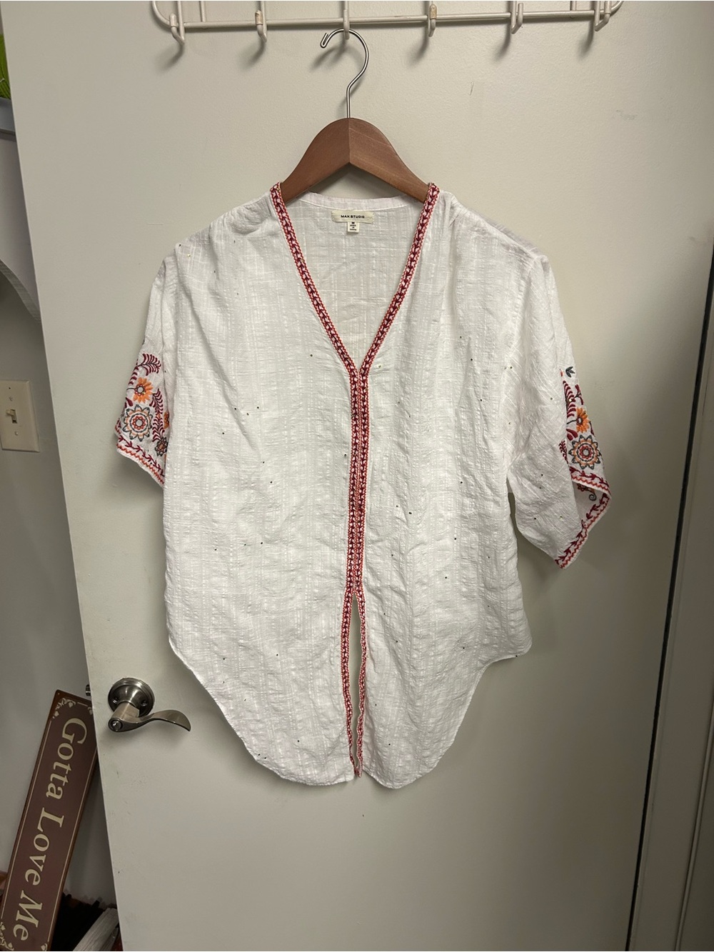 Max Studio White V-Neck Tunic with Red Trim and Multicolor Sleeve Embroidery